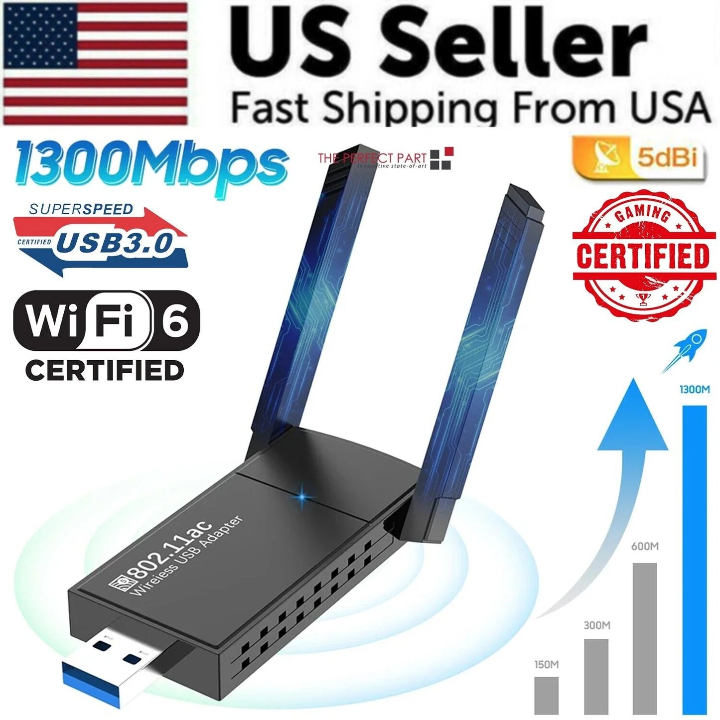 USB 3.0 Wireless WIFI Adapter 1300Mbps Long Range Dongle Dual Band 5Ghz Network