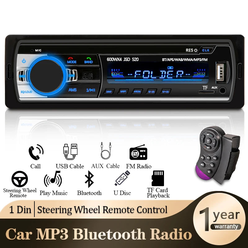 Car Radio 1 Din Stereo Player Digital Bluetooth Car MP3 Player 60Wx4 FM Radio Stereo Audio Music USB/SD with in Dash AUX Input