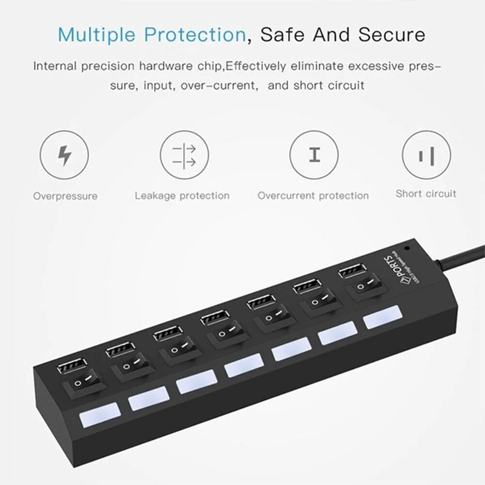 7 Port USB 2.0 / 3.0 Hub Splitter Adapter High Speed for PC Laptop Mac Desktop