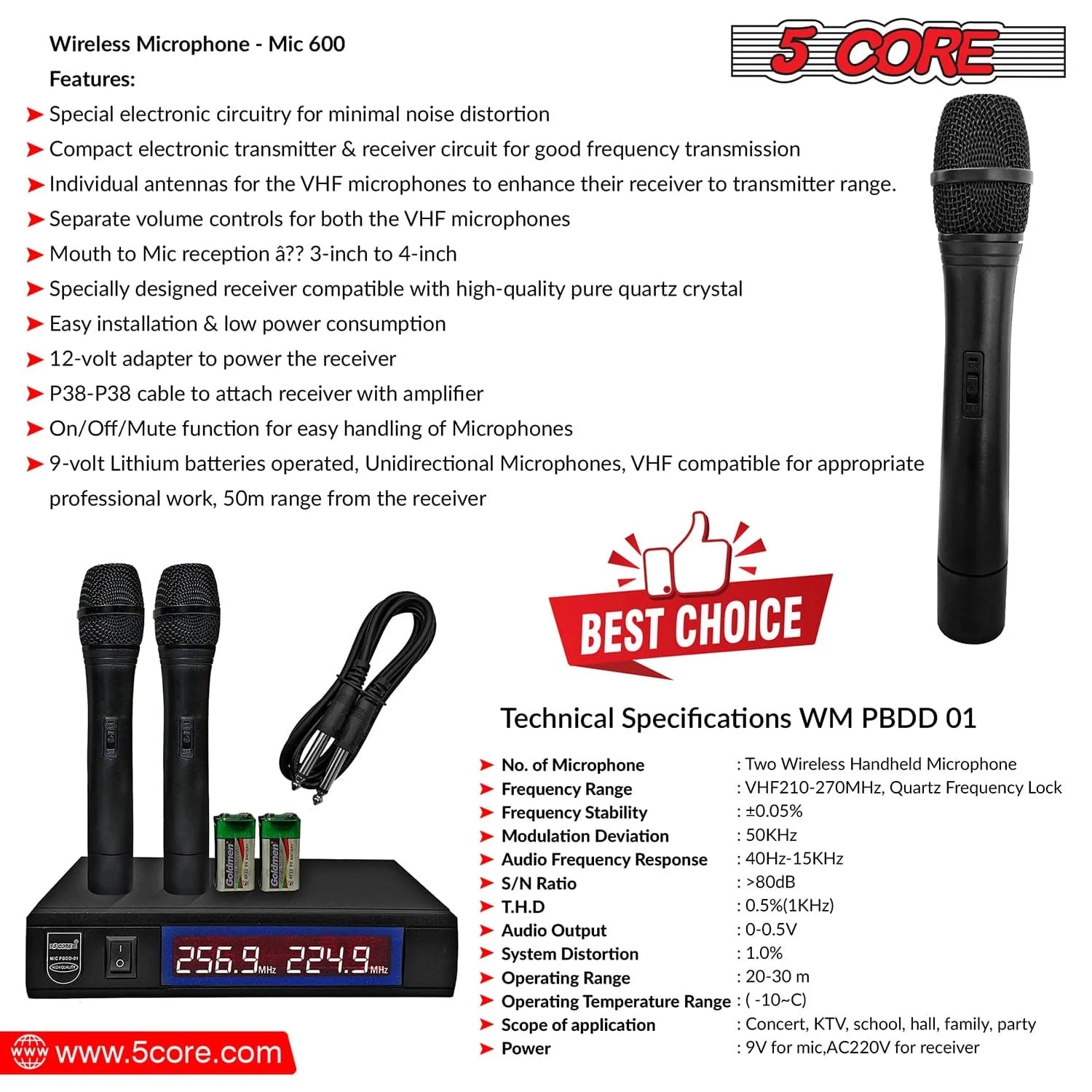 5Core Wireless Microphone VHF Fixed Dual Frequency Microfono Inalambrico 100FT Range