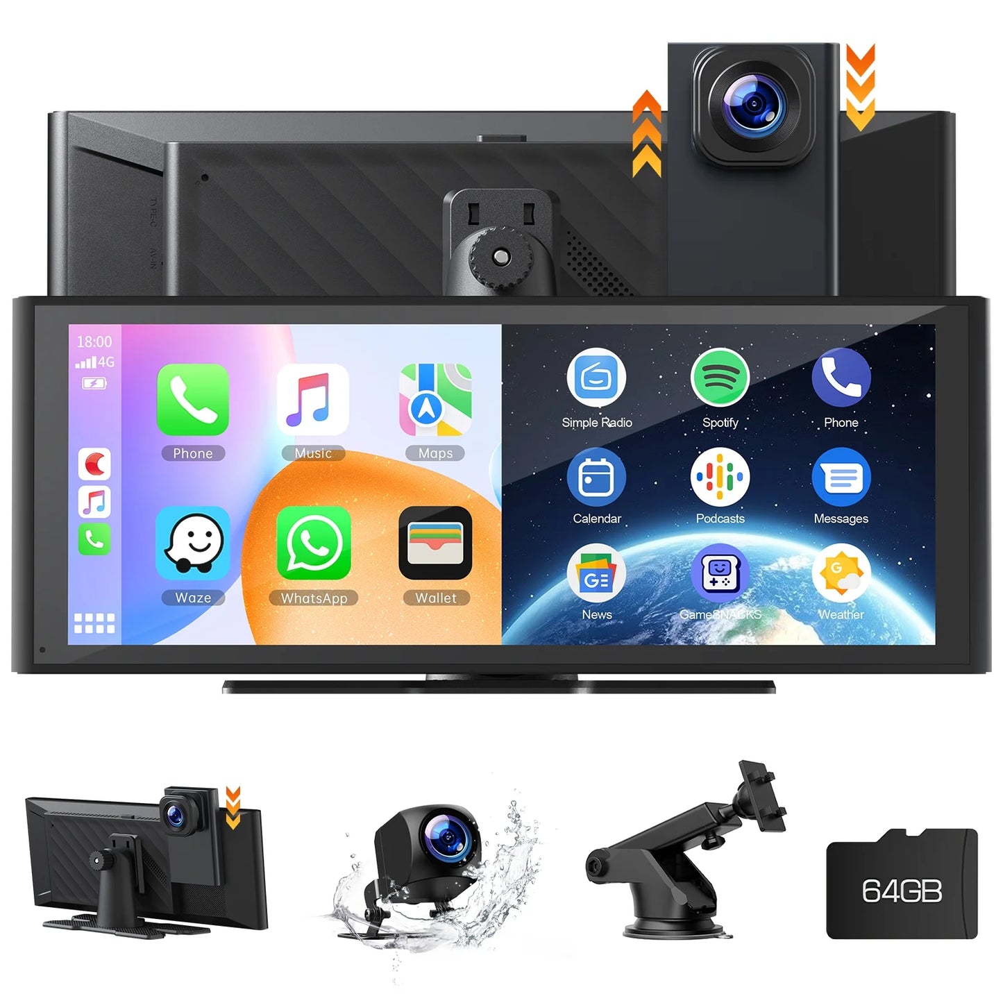 Wireless Carplay Screen for Car 9.26'' Portable 4K Dash Cam with 1080P Backup Camera, with Apple Carplay and Android Auto, Mirror Link, Loop Recording, GPS Navigation, 64G Card, Balck