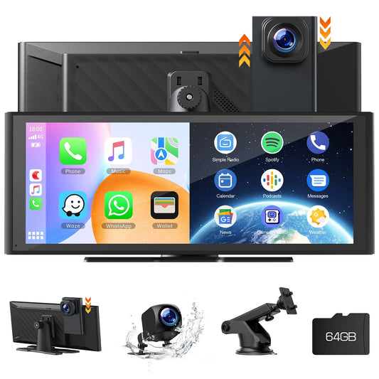 Wireless Carplay Screen for Car 9.26'' Portable 4K Dash Cam with 1080P Backup Camera, with Apple Carplay and Android Auto, Mirror Link, Loop Recording, GPS Navigation, 64G Card, Balck