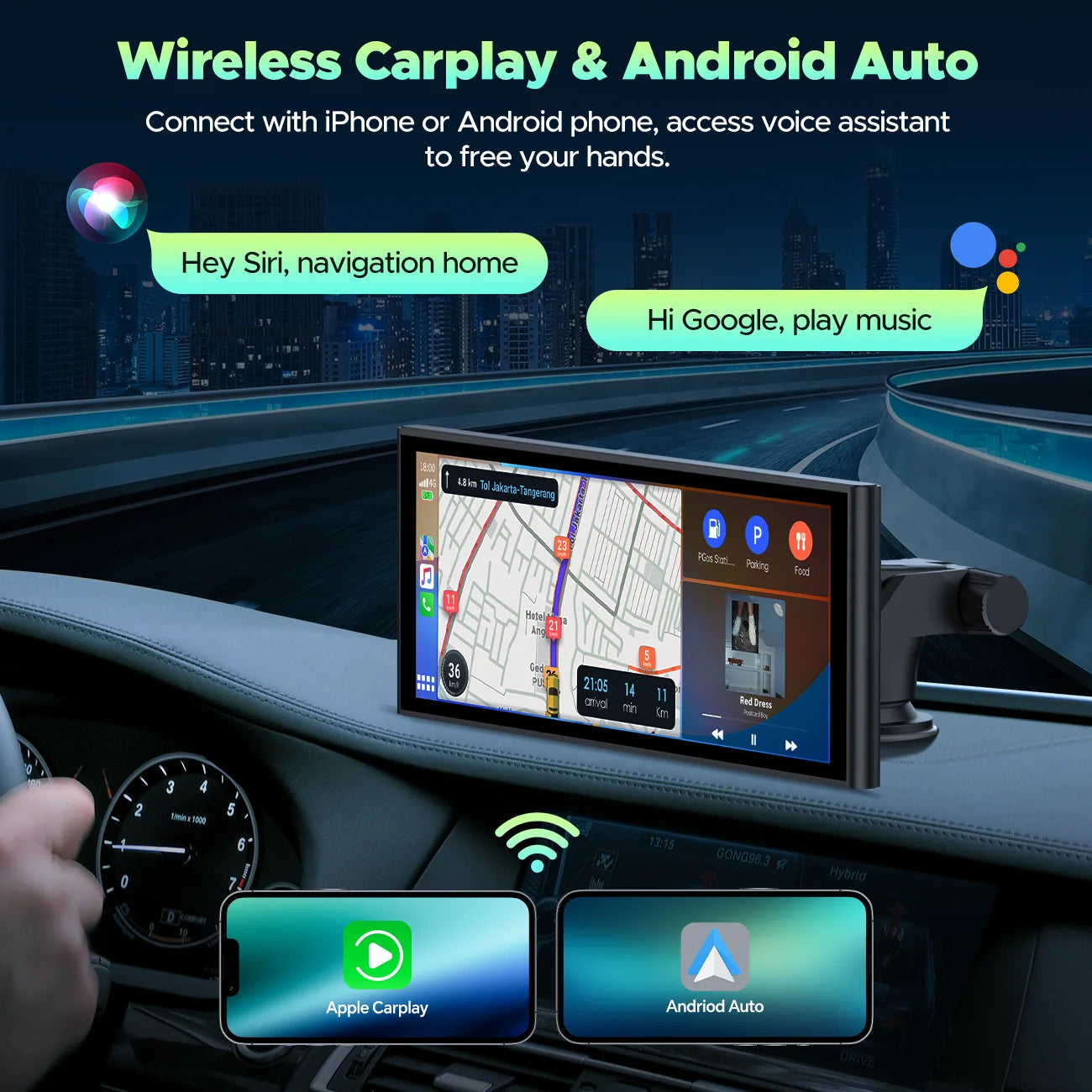 Wireless Carplay Screen for Car 9.26'' Portable 4K Dash Cam with 1080P Backup Camera, with Apple Carplay and Android Auto, Mirror Link, Loop Recording, GPS Navigation, 64G Card, Balck