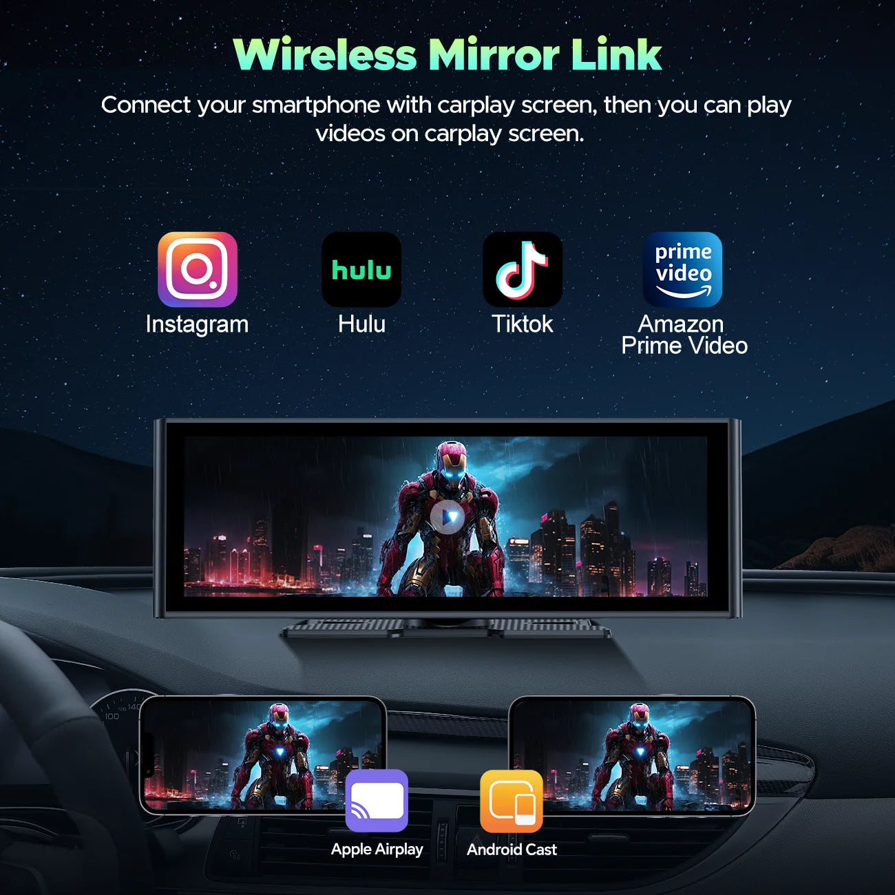 Wireless Carplay Screen for Car 9.26'' Portable 4K Dash Cam with 1080P Backup Camera, with Apple Carplay and Android Auto, Mirror Link, Loop Recording, GPS Navigation, 64G Card, Balck