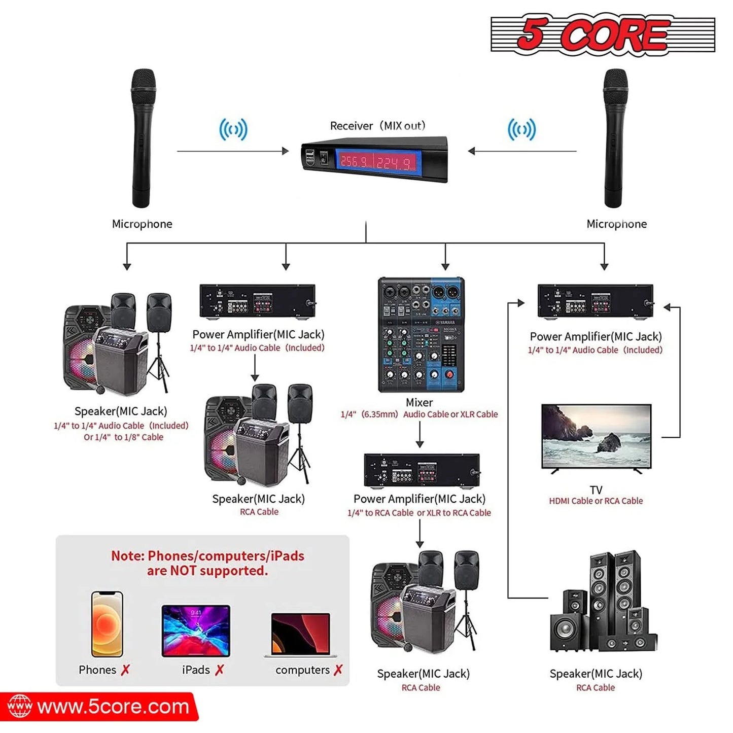 5Core Wireless Microphone VHF Fixed Dual Frequency Microfono Inalambrico 100FT Range