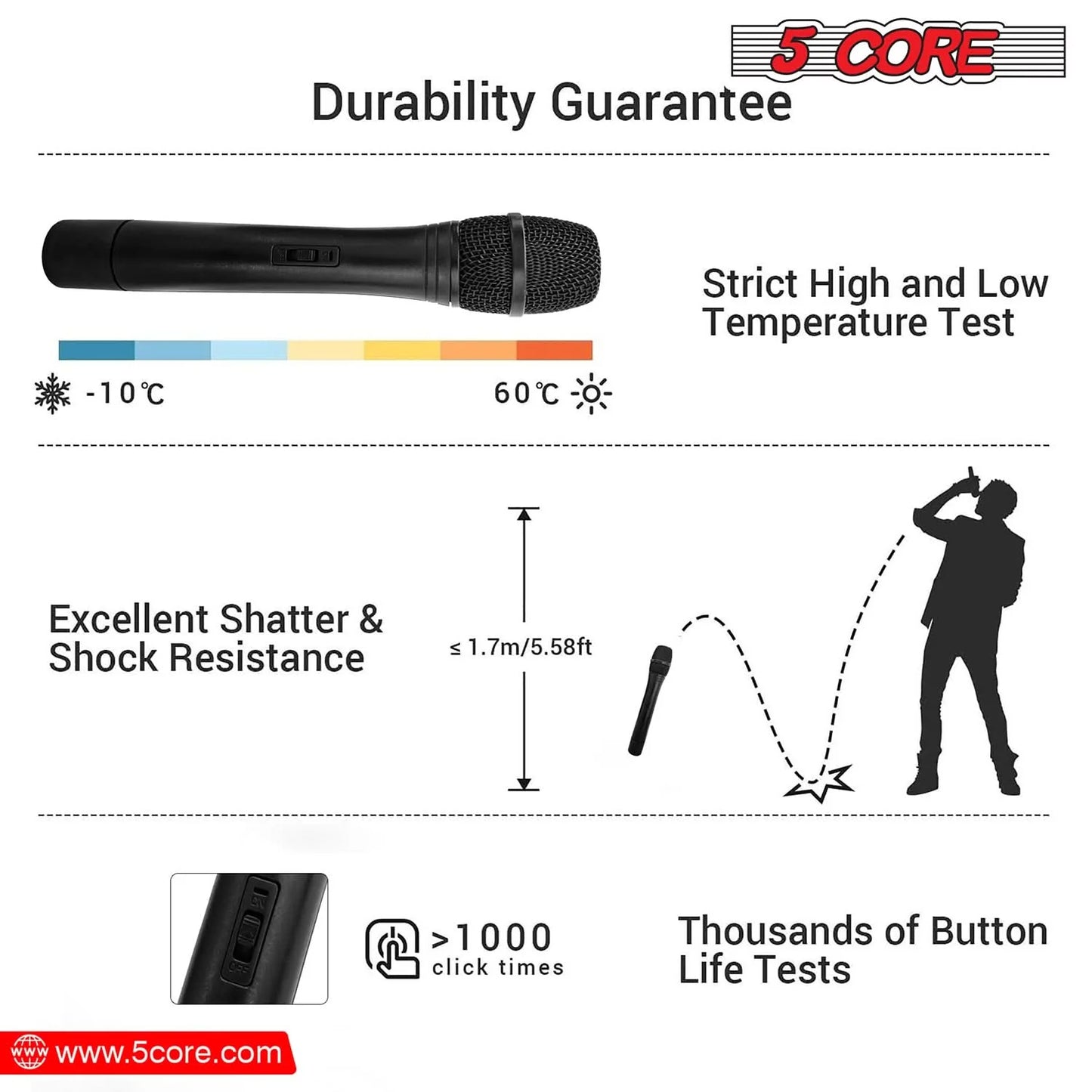 5Core Wireless Microphone VHF Fixed Dual Frequency Microfono Inalambrico 100FT Range